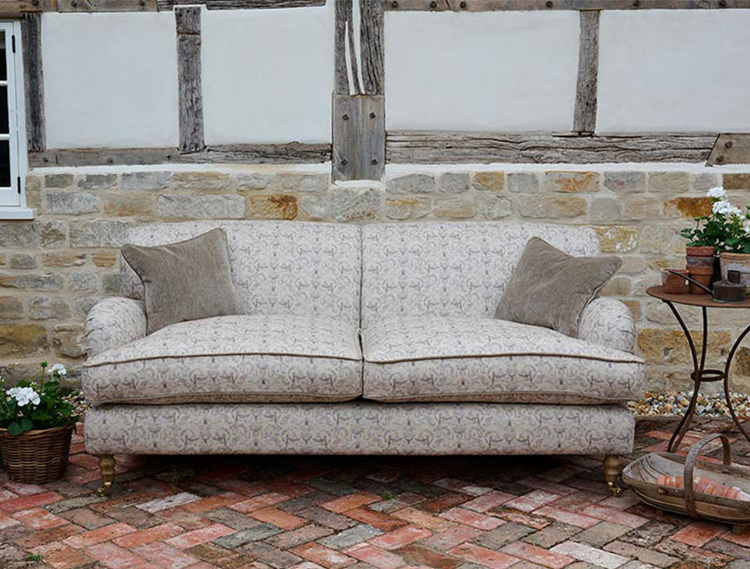 Kentwell 3 seater sofa in Spill Resistant RHS Jekyll Ornamental brown and Warwick Mohair Velvet Mushroom